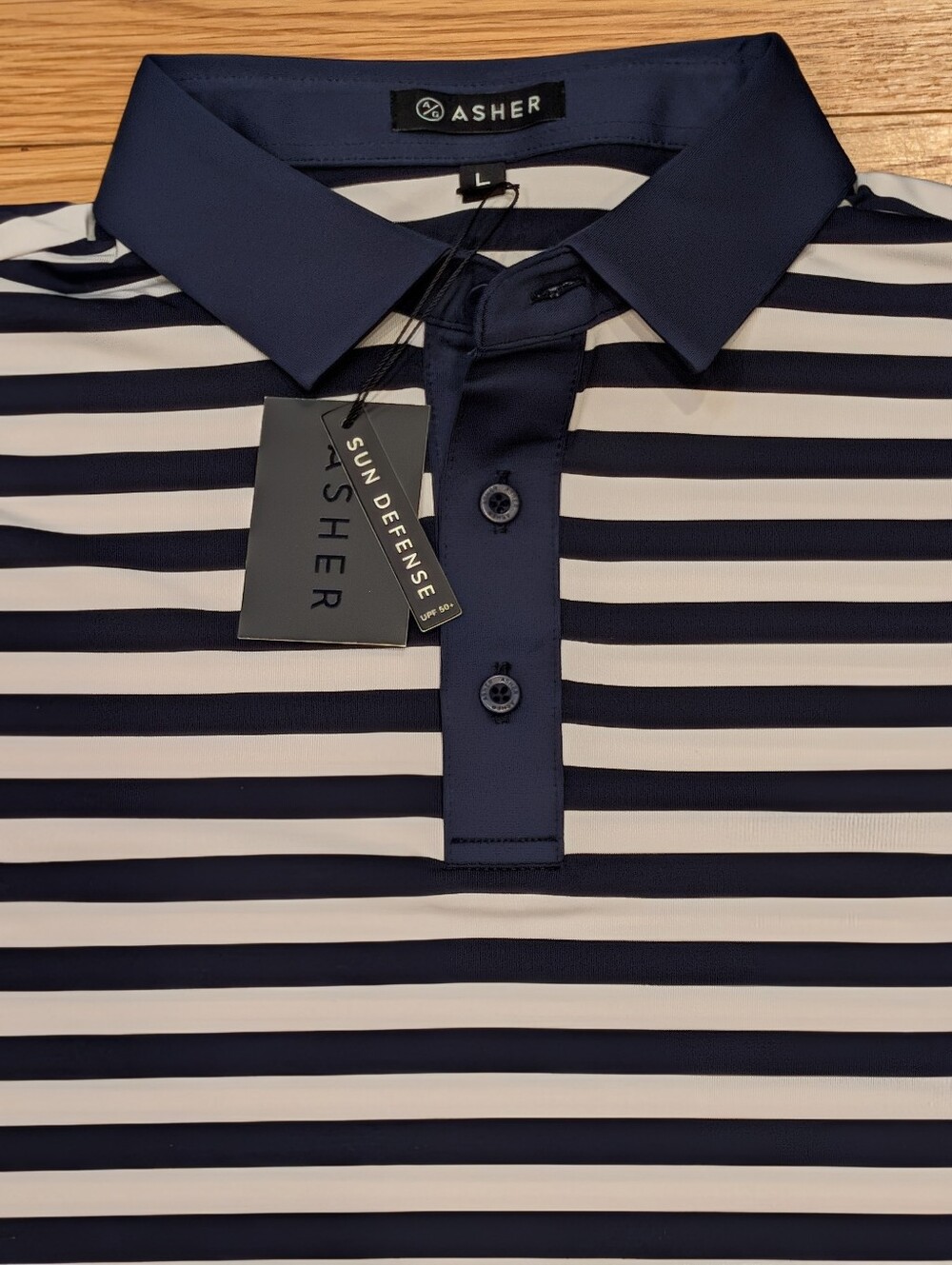 NWT Asher Golf Polo Men's Large Navy White Striped UPF 50+ Performance Shirt